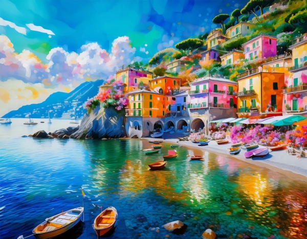 Italien - Amalphiküste - Bunde Häuser am Meer 2